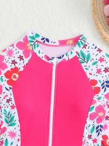 SHEIN Tween Girl Pink Flower Printed Patchwork Swimwear Set,Long Sleeve Swimming Suit,Cute Summer Beach Holiday Bathing Suit For Girls - Hot Pink - View 4