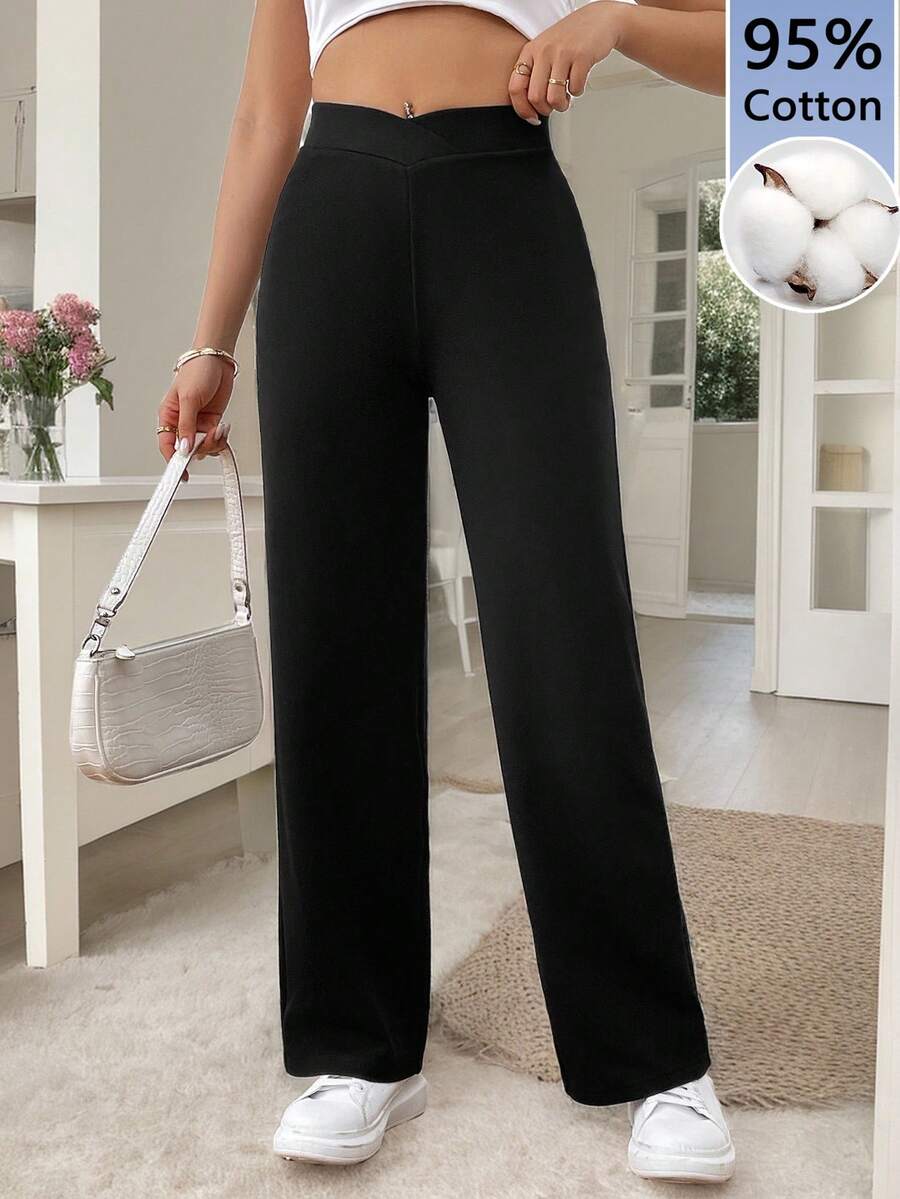 SHEIN Frenchy 女士95%纯棉黑色高弹直筒裤 - 运动、健身、瑜伽服、夏季骑行服、返校及教师装、秋冬时尚、复古风、甜美少女风、清爽少女风、Y2K复古风、Z世代休闲装、西部风情节日及春季旅行 - 彩色 - 查看 1