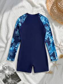 SHEIN Áo tắm liền thân tay ngắn ôm sát in họa tiết cây nhiệt đới dành cho bé gái tuổi teen, thích hợp cho kỳ nghỉ hè, du lịch biển, màu đen. - Màu xanh hải quân - Xem 3