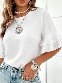 Weeklong Plus Size Women's Round Neck Ruffle Sleeve Beaded Casual Blouse, Spring/Summer - Beige - View 1