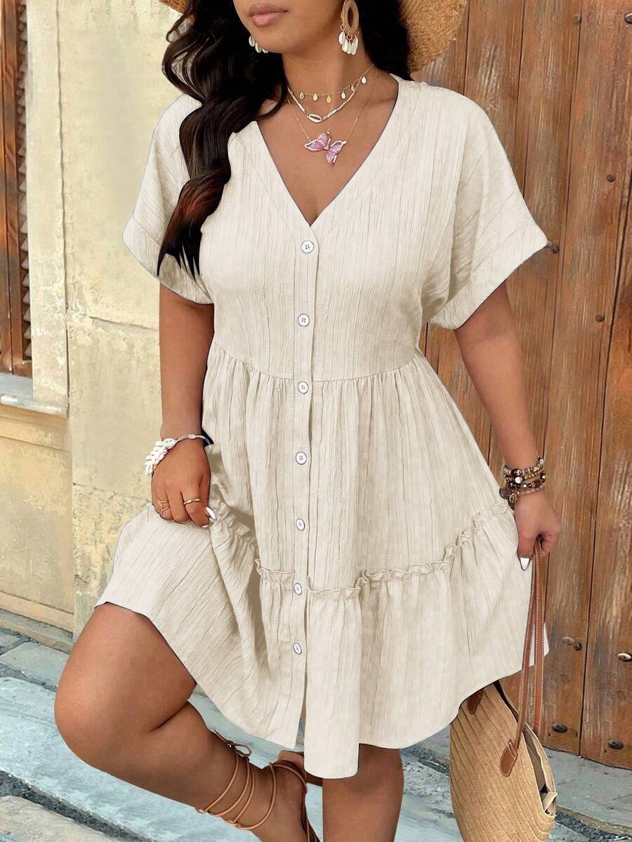 SHEIN Holidaya Plus Size V-Neck Textured Drop Shoulder A-Line Ruffle Hem Dress - Apricot - View 1