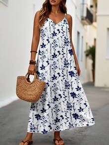 EMERY ROSE Plus Size Women V-Neck Spaghetti Strap Floral Print Casual Dress - Multicolor - View 3