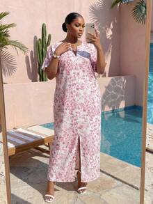 SHEIN Lady CURVE Đầm xẻ tà dáng suông in họa tiết thời trang mùa hè dành cho nữ cỡ lớn - Nhiều màu - Xem 3