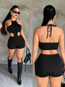 SHEIN SXY 女士纯色镂空性感露背紧身吊带连体衣 - 黑色 - 查看 8