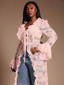 SHEIN SXY Blouse rose élégante à volants multiples en tissu de dentelle élastique et transparent pour femmes grandes tailles. Convient pour les vêtements extérieurs et les superpositions, enrichissant votre tenue. Style de rue, sortie, soirée, à la mode - Rose bonbon - Voir 6