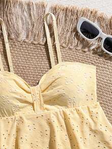 SHEIN Teen Girls Hollow Out Solid Color 2 Pieces Swimwear, Suitable For Beach, Resort, And Hot Spring - Yellow - View 5