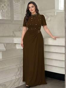 Modelyn 大码优雅仿珍珠装饰腰部正式晚礼服 - 棕色 - 查看 1