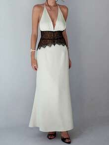 DAZY Patchwork Contrast Color Lace Fitted Waist Halter Backless Spaghetti Strap Elegant Sexy Summer Dress For Women Party Bar Night Black And White - Ivory White - View 6