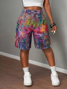 Slaydiva Plus Size Women Graffiti Pattern Pocket Casual Denim Shorts Y2K  Summer Festa Junina Beach Outfits Festival Going Out Outfits - Multicolor - View 3