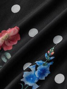 SHEIN MOD Vestido corto de mujer talla grande con estampado floral y de lunares, vestido con mangas con volantes y lazo delantero, vestido de lunares, vestido de verano para mujer, romántico, encantador, vestido de invitada de boda, vestido de fiesta para mujer, vestido de playa, elegante, vestido negro, vestido de gala formal, graduación, estilo vintage francés, retro - Negro - Ver 6