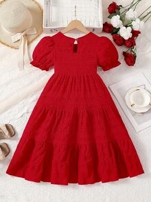 Elladie kids 年轻女孩红色蝴蝶结装饰短袖 A 字形公主派对礼服，适合派对和节日，夏季 - 紅色 - 查看 2