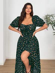 Vionelle Damen Große Größen Asymmetrischer Saum Ditsy Blumen Sexy Kleid - Dunkelgrün - Übersicht 1