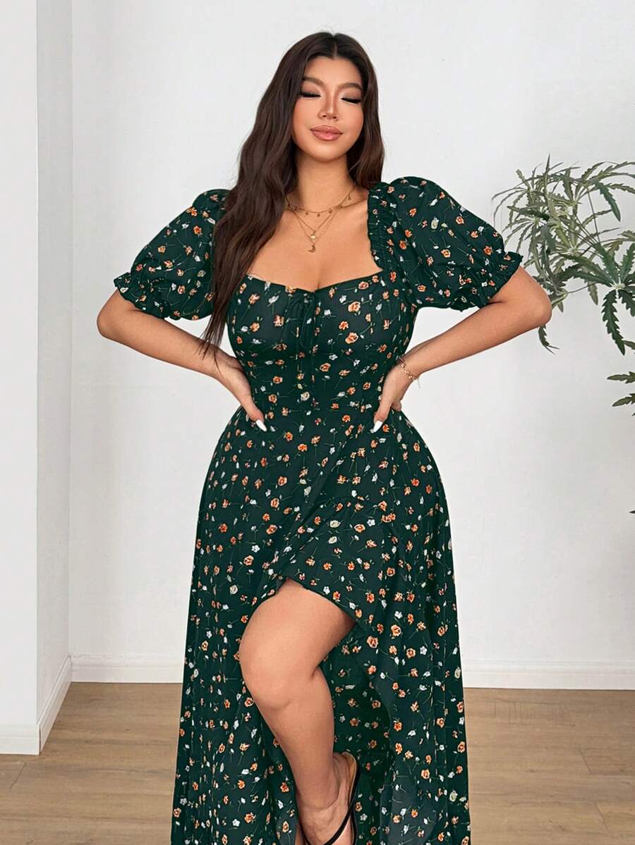 Vionelle Damen Große Größen Asymmetrischer Saum Ditsy Blumen Sexy Kleid - Dunkelgrün - Übersicht 1