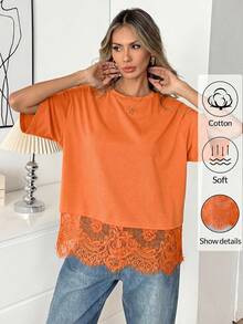 Easowa Black Short Sleeve Round Neck Lace Hem Loose T-Shirt For Women,Summer Top - Orange - View 2