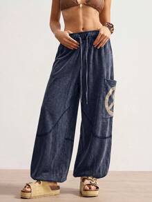 Bohemela Pantalones holgados de punto de unicolor con cordón y bordado de signo de paz, estilo casual y bohemio para vacaciones de mujer - azul real - Ver 7
