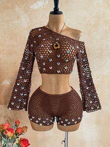 SHEIN WYWH Quần short dệt kim khoét lỗ, đính sequin, thích hợp cho kỳ nghỉ hè của nữ. - Nhiều màu - Xem 4