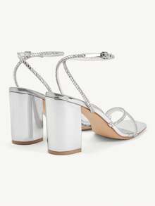 CUCCOO CHICEST Women's Square Toe Rhinestone Ankle Strap Sandals For Christmas Summer Shoes - Silver - View 6