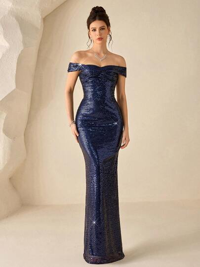 Coutiva Women's Glamorous Party Banquet Beaded One-Shoulder Fitted Formal Evening Gown