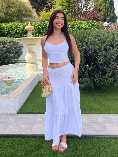 Hitanina 杏色女式吊带背心和女式长款中裙套装