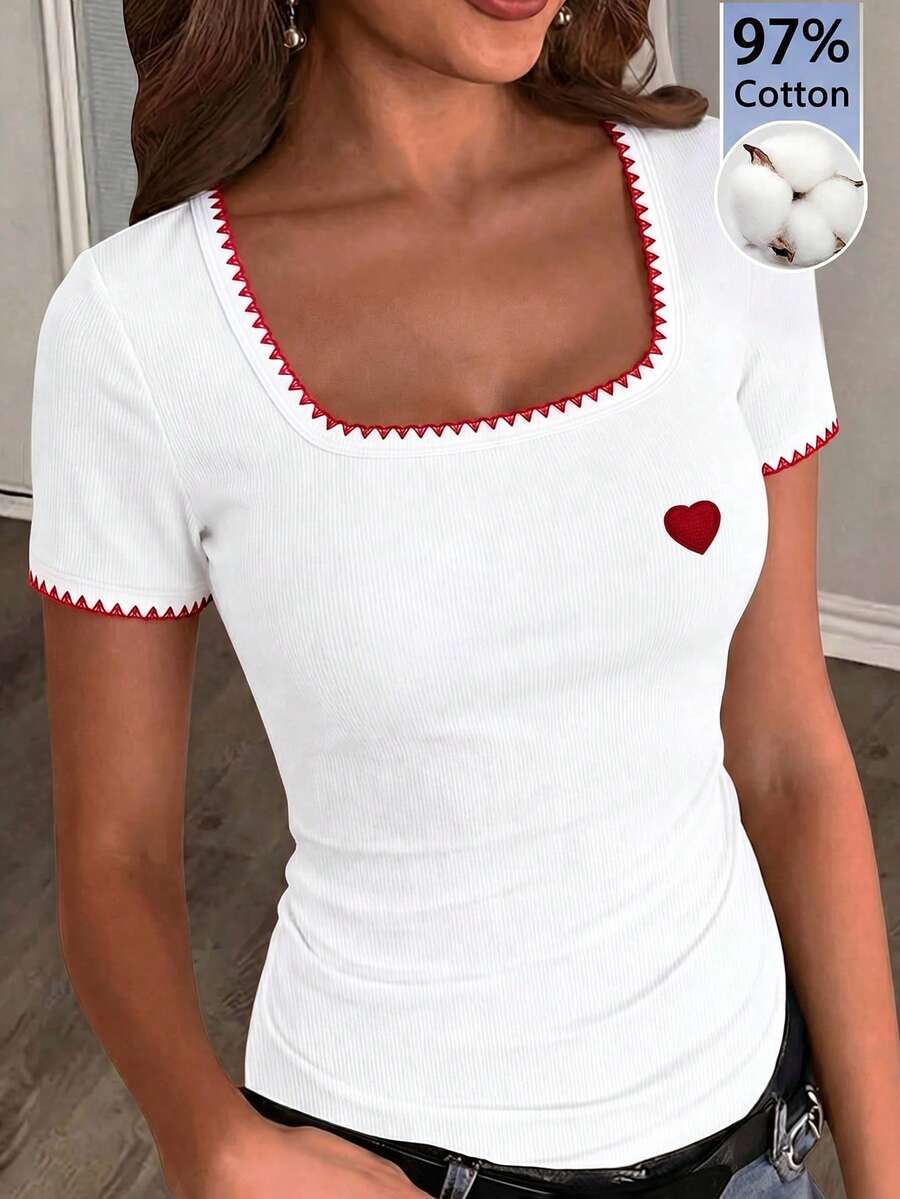 Slaydiva Áo thun nữ màu trắng, chất liệu 97% cotton, kiểu dáng tối giản, cơ bản, thường ngày, cổ tròn, tay ngắn, ôm sát, có nhún hông, chất liệu co giãn. - Nhiều màu - Xem 1