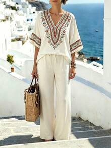 EMERY ROSE Conjunto de 2 piezas para mujer de talla grande con top holgado de cuello en V con estampado floral y pantalones de pierna ancha, estilo playero - Multicolor - Ver 5