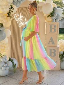 Loomaby Vestido Fluido de Babados com Degradê para Férias de Verão para Gestantes - Multicolorido - Visão 4