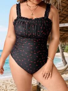 SHEIN CURVE+ 2026 New Spring/Summer Plus Size Black Base Cherry Random Print One-Piece Swimsuit, Suitable For Beach, Resort - Multicolor - View 7