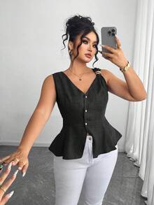 SHEIN Elenzya Áo kiểu thanh lịch dành cho nữ cỡ lớn, cài cúc kim loại và đính ngọc trai. - màu đen - Xem 4