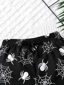 SHEIN Sparklyn Cậu bé mặc quần đùi in hình mạng nhện trắng ngộ nghĩnh trên nền đen. - màu đen - Xem 3