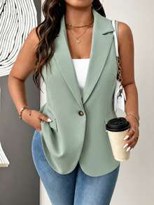 EMERY ROSE Plus Size Women Thin Casual Minimalist Sleeveless Blazer - Green - View 1