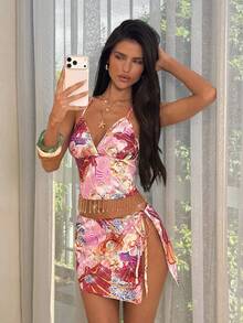 SHEIN ICON Váy ngắn quấn đi biển in họa tiết hoa, sequin và lưới. - Nhiều màu - Xem 3
