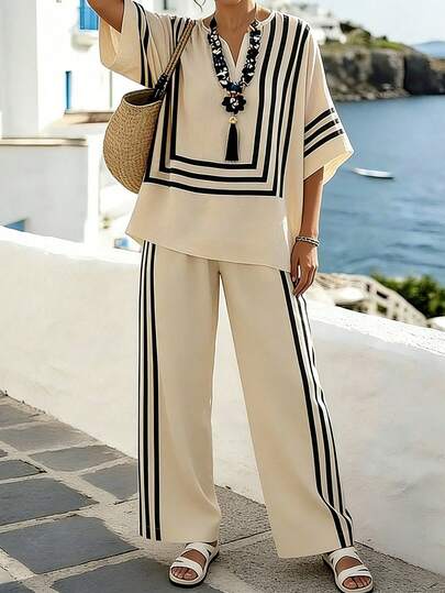 EMERY ROSE Conjunto de verano/primavera de estilo casual para mujer talla grande, conjunto de lino a rayas en beige y negro + blusa de manga murciélago con estampado geométrico + pantalones anchos de pierna con rayas laterales, conjunto a rayas en beige y negro, conjunto cómodo y casual de 2 piezas, serie de conjuntos