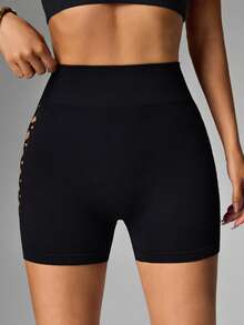 Dewbera Dewbera Breathable Perforated Letter Printed Seamless Sports Shorts - Black - View 4