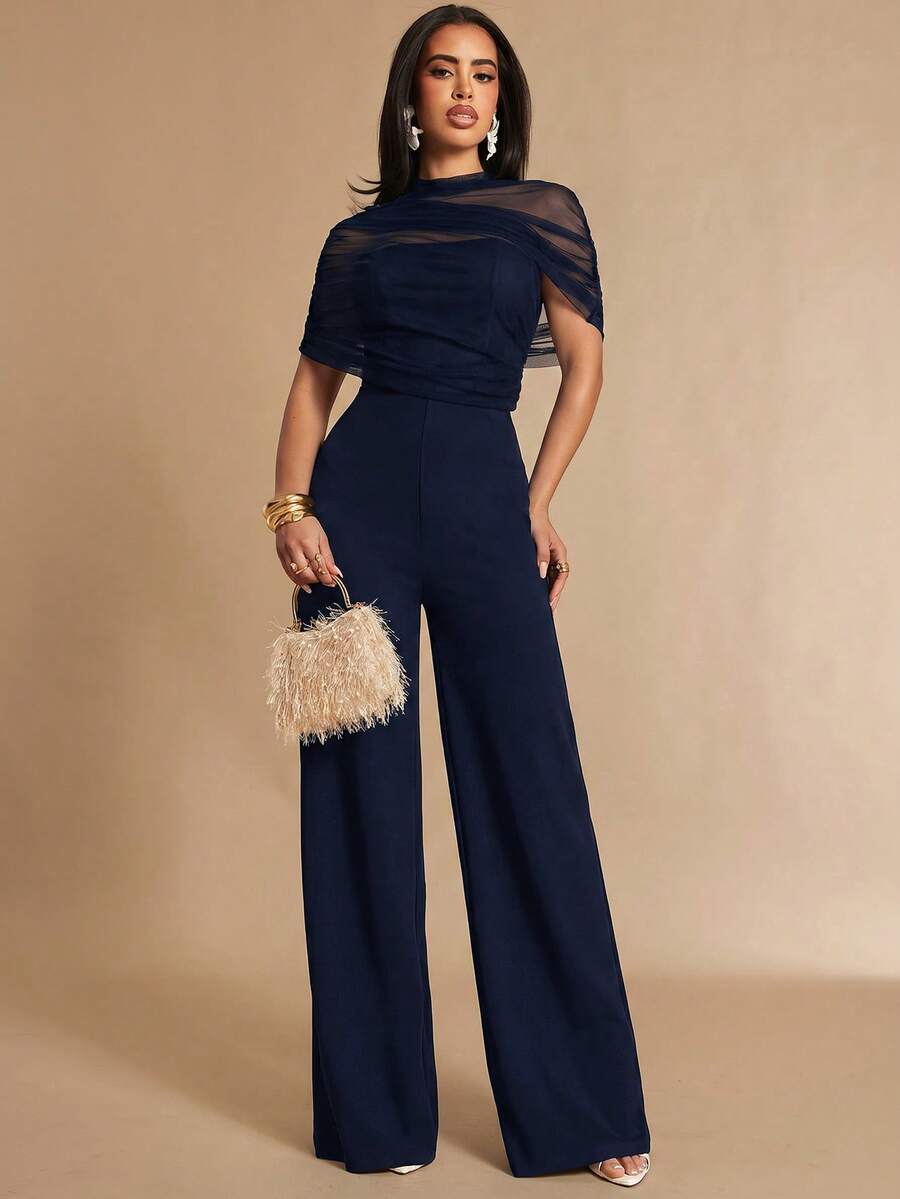 Silquee Bộ jumpsuit nữ thời trang, đa năng, thiết kế khăn choàng lưới. - Màu xanh hải quân - Xem 1
