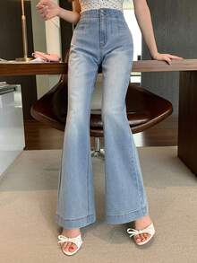 Joudiya Women's Slimming Flared Jeans, Light Blue, Sexy Style, Autumn - Blue - View 5