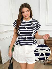 Levarali Plus Size Summer Casual Brown Bow Decor T-Shirt Gym - Blue and White - View 3