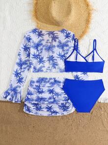 SHEIN 少女四件套泳衣，时尚印花分体泳衣，蓝白棕榈树印花系带薄款罩衫高腰分体泳衣三件套，清新舒适沙滩防晒泳衣，少女两件套泳衣，少女两件套泳装，少女两件套泳衣套装，青少年泳装，两件套泳衣 - 寶藍色 - 查看 2