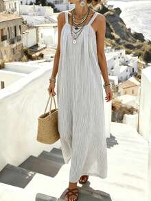 SHEIN Holidaya Đầm đi biển dáng rộng, hở lưng, cổ chữ V, lãng mạn, thoải mái, thích hợp cho du lịch, dự tiệc và kỳ nghỉ. - Màu Xám nhạt - Xem 4