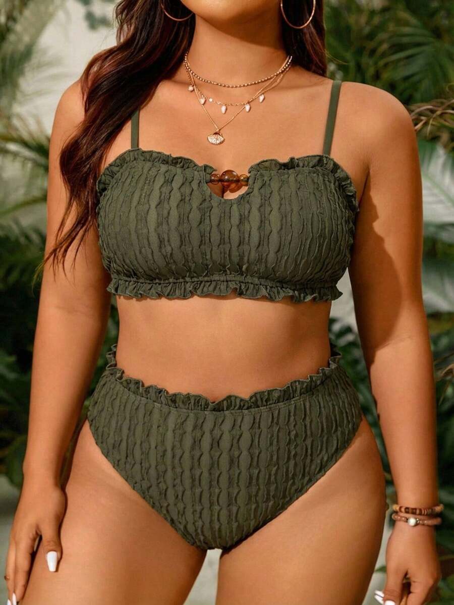 SHEIN Swim 大尺碼泳衣套裝,紋理比基尼琥珀珠飾,高腰泳褲,海灘度假、泳池派對,夏季綠色亮片性感熱帶風 - 軍綠色 - 查看 1