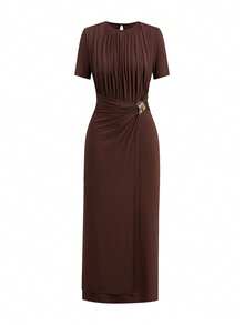 Ellevyn Plus Size Elegant Commuter Solid Color Wrap Dress With Metal Decor, Summer Summer Dress  Summer Outfits Festival Outfits For Women Festival Dresses  Festa Junina Junina Party Dress Sao Joao Women's Clothing Elegant Dresses For Party Wedding Guest Dress Wedding Guest Dress For Women  Wedding Party Dress Bridesmaid Dress  Graduation Dress Going Out Outfits  Ceremony Dress Elegant Ceremony Dresses Birthday Dress Elegant Dresses For Women  Casual Dresses Holiday Dress Holiday Outfits Formal Dress - Brown - View 2