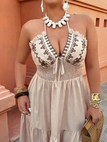 SHEIN Holidaya Đầm maxi dáng bohemian dây mảnh cổ chữ V dành cho nữ cỡ lớn, thích hợp cho kỳ nghỉ và mặc hàng ngày, mùa xuân/hè. - Nhiều màu - Xem 4