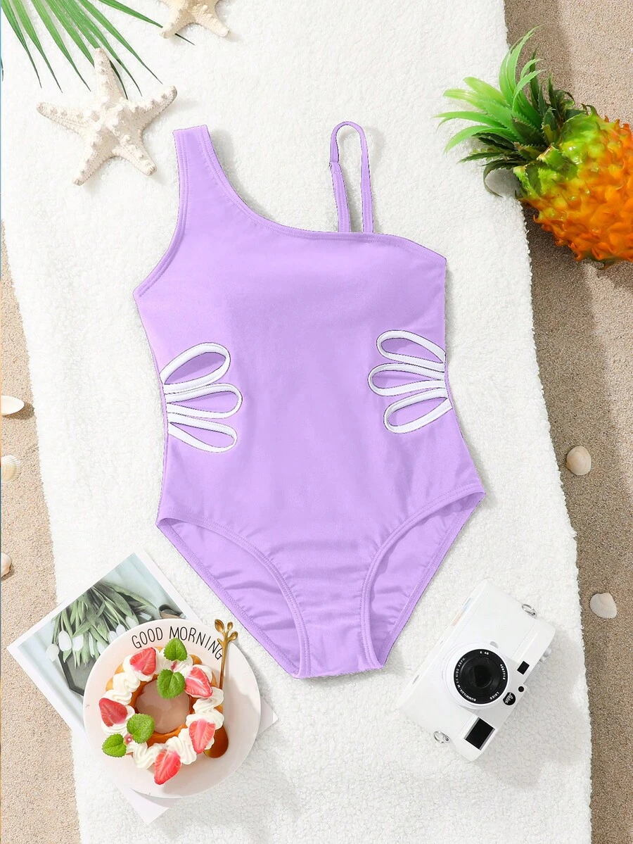 SHEIN Traje de baño de una pieza con cuello asimétrico para niña preadolescente con recortes laterales, de moda, casual y elegante, adecuado para nadar, vacaciones - Púrpura malva - Ver 1