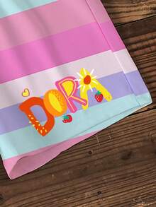DORA | SHEIN Bộ đồ thường ngày cho bé gái, áo thun ngắn tay cổ tròn kẻ sọc và quần short, hiệu DORA. - trắng - Xem 3