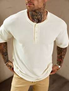 DAZY White Ribbed Fabric Half-Zip Design Short Sleeve T-Shirt For Men Summer - White - View 5