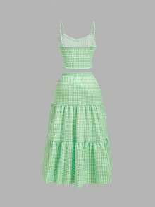 SHEIN MOD Conjunto de 2 peças Camiseta Regata com Renda Xadrez Verde e Saia de Comprimento Médio para Mulheres Plus Size, Adequado para Uso Diário, Campo, Férias - Verde - Visão 3