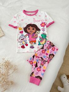 DORA | SHEIN Young Girls Snug Fit Pajama Set, T-Shirt & Pants, DORA - Pink - View 1