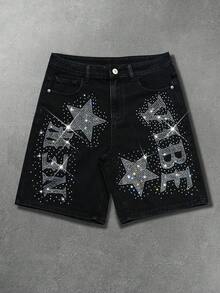 Manfinity EMRG Quần short denim đen mài bạc đính đá hình ngôi sao phong cách hiphop đường phố dành cho nam. - màu đen - Xem 3