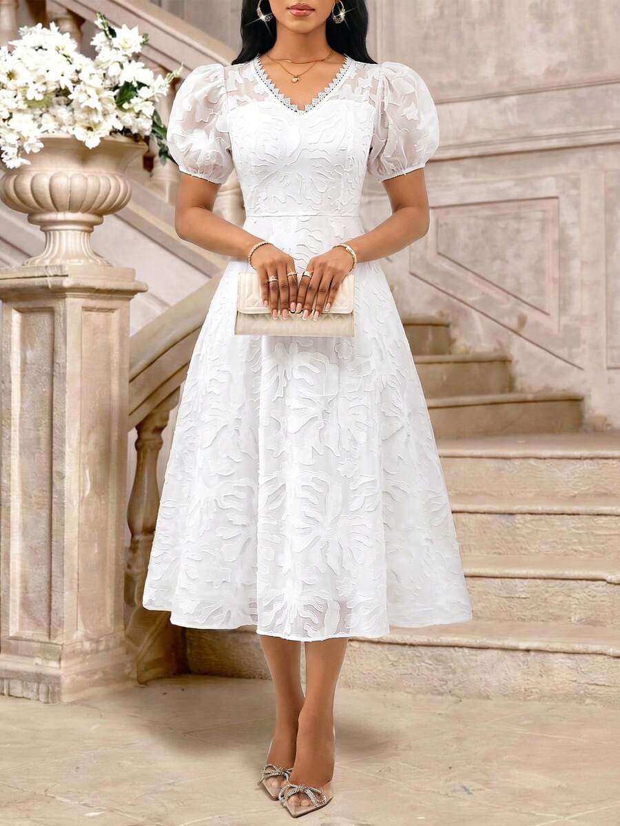 SHEIN Lady Đầm tay cánh hoa thanh lịch dành cho nữ, thích hợp cho mùa hè. - trắng - Xem 1