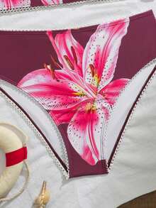 SHEIN 2件套少女碎花花瓣滚边弹力速干舒适针织泳衣套装，适合海滩、泳池、海边、冲浪、度假、夏季旅行。夏季女童泳装，比基尼吊带上衣，碎花比基尼泳衣，粉色花朵泳衣，粉色碎花吊带背心式泳衣，夏季泳装。 - 紫色 - 查看 3