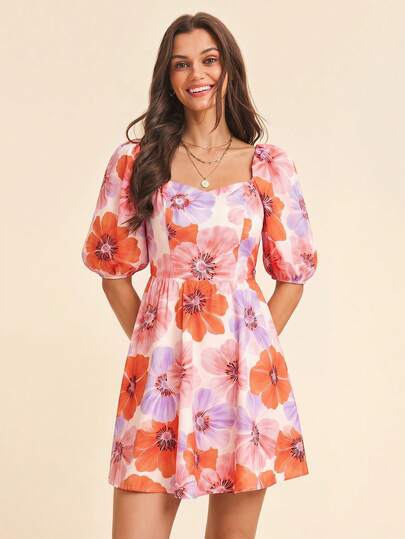 Coeurva Women's Elegant Floral Print Puff Sleeve Square Neck Casual Mini Dress For Beach/Holiday, Women's Loose Romantic Party Dress, Vacation Casual Romantic Dress, Women's Summer Outfit